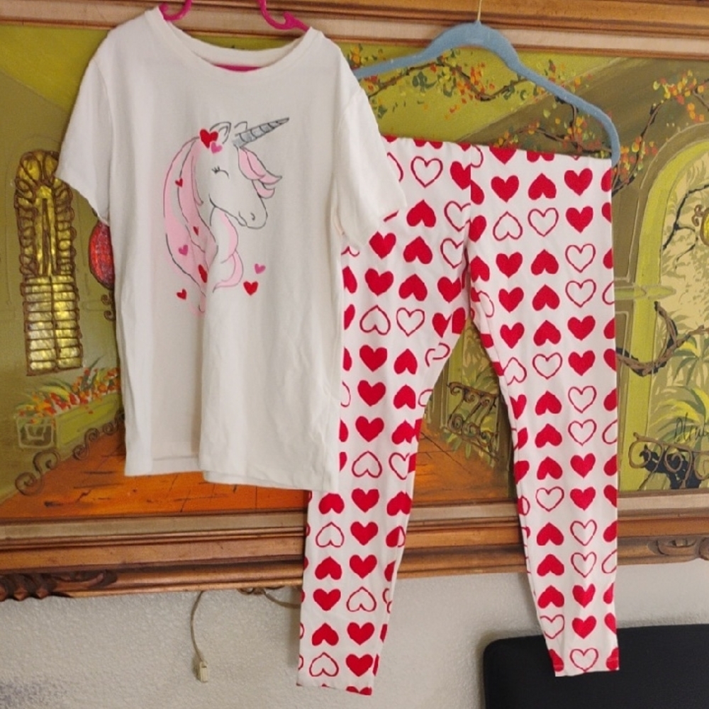 Girls' White Unicorn Heart Pant Set - Red Hearts
